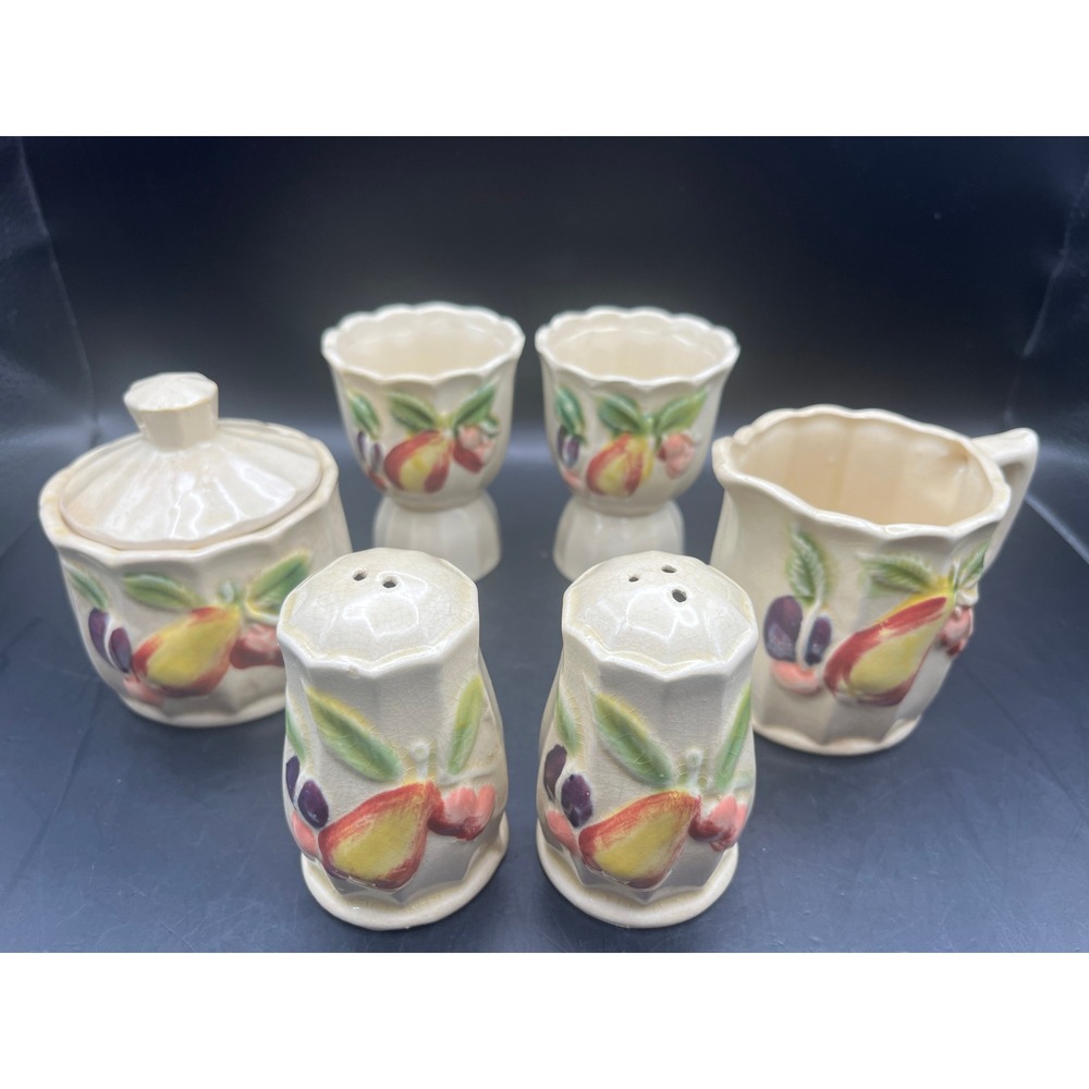 VTG Set Of 7 Pcs-Japan- S&P Shakers, Sugar &Creamer, 2 Egg Cups-‎ Fruit Motif